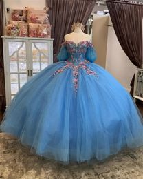 Cute Blue Princess Quinceanera Dresses Off Shoulder Flower Appliques Lace Crystals Beads Ball Gown Sweet 15Th Prom Party