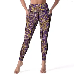 Women's Leggings Vintage Paisley Sexy Gold Sparkle Print Work Out Yoga Pants High Waist Elastic Sports Tights With Pockets Sweet Leggins