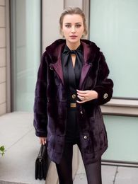 Women's Fur 2024 Winter Mink Imitation Mid-Length Hooded Rhinestone Slimming Waist Fashion Coat Female Black White