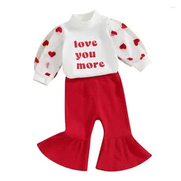 Clothing Sets Valentine S Day Baby Girl Outfits Letter Print Heart Mesh Long Sleeve Rompers Flare Pants 2Pcs Clothes Set