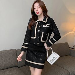 Two Piece Dress Small Fragrance Tweed Women Autumn Winter French Vintage Two Pieces Sets Female Elegant Long Sleeve Jackets Mini Skirts Outfit 231218