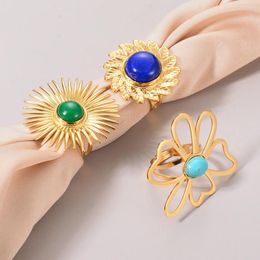 Cluster Rings Stainless Steel Natural Stone Flower Big Open Ring For Women Gold Color Waterproof Trendy Fashion Party Summer Statement