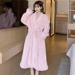 Women's Sleepwear High Quality Cardigan Long Plush Winter Solid Colour Pyjamas For Women Bathrobe With Straps Thickened And Warm
