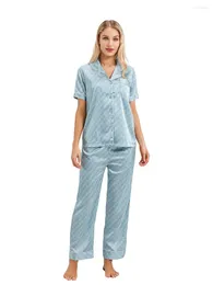 Women's Sleepwear Women Ice Silk Pyjamas Lounge Set Houndstooth Turn-Down Collar Short Sleeve Shirts Tops And Pants 2 Piece Loungewear