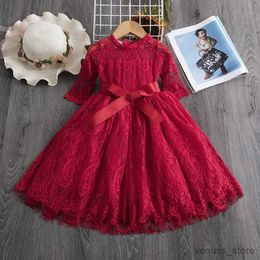 Girl's Dresses Autumn Lace Princess Dress for Girls Red Christmas Costumes for Long Sleeves Child Xmas Clothings 3-8 Y Kids Birthday Party