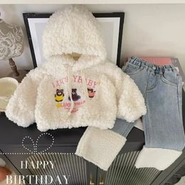 Clothing Sets Winter Kids Clothes Girls Cute Cartoon Bear Fleece and Lamb Wool Hoodie Kawaii Patchwork Jeans Baby Girl Outfit Set Pink 231218