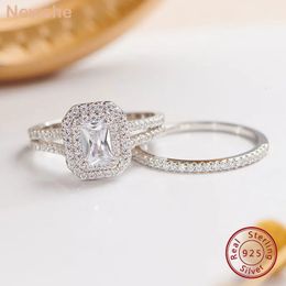 Wedding Rings she Solid 925 Silver Wedding Jewelry Double Halo Radiant Cut Engagement Bridal Rings for Women White AAAAA Cubic Zirconia 231218