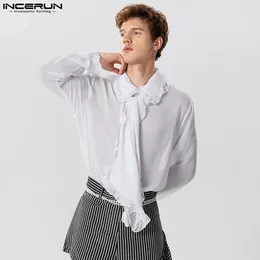 Men's Casual Shirts Men Shirt Chiffon Ruffle Solid Color Lapel Lace Up Long Sleeve Clothing Streetwear Transparent 2023 Unisex INCERUN