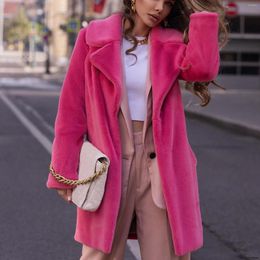 Women's Fur Pink Long Teddy Bear Jacket Coat Women Warm Winter Fleece Sleeve Thick Oversized Outwear Overcoat