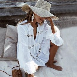 Women's Swimwear Women Boho Long Sleeve Floral Lace White Tops Blouses Hollow Out Beach Elegant Sunscreen Shirt Cover Up Summer Party