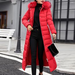 Women's Down Warm Maxi Puffer Coat Ladies Long Coats Parka Femme Jacket Trendy Women Winter Cotton Padded X-long Belt Fur Hooded