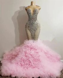 흑인 여자를위한 Mermaid Sparkly Long Prom Dresses 2024 Crystal Rhinestone Tiered Evening Dreast Homecoming Robes