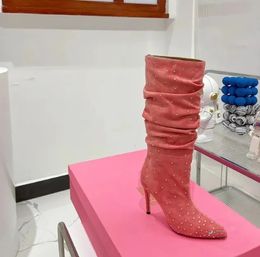 Stivali di tacchi a spillo di marca di lusso per donne con punta di piedi cristallo diamanti decorali stivali wester