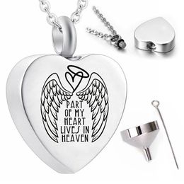 Whole stainless steel pendant necklace ashes urn commemorative items angel wings-Part of my heart lives in heaven2455