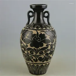 Bottles Chinese Song Cizhou Kiln Black Glaze Porcelain Carved Flowers Design Vase 10.43" Imitation Old Crafts Ornamen