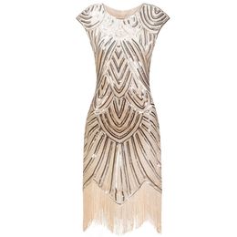 Basic Casual Dresses Vintage 1920s Flapper Great Gatsby Dress O-Neck Cap Sleeve Sequin Fringe Party Midi Dress Vestidos Verano Summer Dress 231216