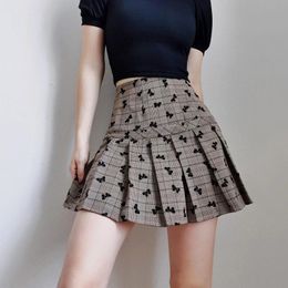 Dresses Women High Waist Flocked Bowknot Pleated Mini Skirt in Cheque