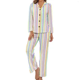 Women's Sleepwear Bright Rainbow Striped Pyjamas Women Lines Print Cute Nightwear Spring Long Sleeve 2 Piece Casual V Neck Design Pyjama