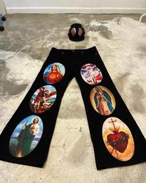 Women's Jeans 2023 Y2k European And American High Street Retro Christian Painted Trousers Men Trendy Brand Big Pocket Women