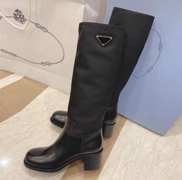 New Triangle panelled Knee-High Boots high quality nylon chunky block heel tall leather sole Women's luxury designers Fashion Party Dress shoes factory footwear8765