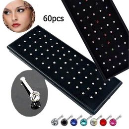 Amazing 60pcs set Crystal Rhinestone Nose Ring Stainless Steel Body Jewelry Nose Studs Piercing Women Fashion Accessories233r