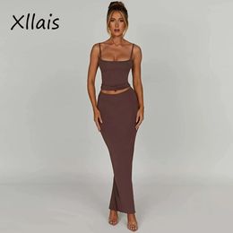 Shorts Xllais Fall Solid Long Dress Sets Sexy Backless Crop Top and Skirt Suit Fashion Solid Bodycon 2 Piece Ourfits for Women
