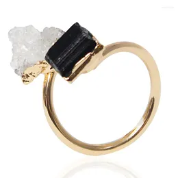 Cluster Rings Irregular Druzy Stone Black Tourmaline Open Ring Golden Handmade Crystal Finger Jewellery Adjustable Size
