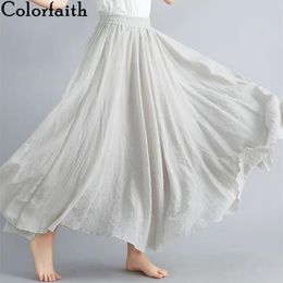 Dresses Colorfaith New 2022 Pleated 20 Colours Cotton and Linen Flared High Elastic Waist Spring Summer Long Women Maxi Skirts Sk8073