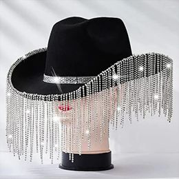 Berets Shining Rhinestones Fringe Sun Hat Elegant Women Wedding Panama Dress Up Cosplay Party Cap Western Tassels Cowgirl Hats