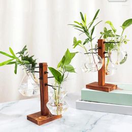 Vases Glass Planter Bulb Vase With Stand Terrarium Hydroponic Plant Vintage Wooden Frame Tabletop Plants Home Garden Decor