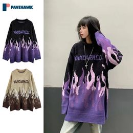 Mens Sweaters American Hip Hop Knitted Pullover Man Woman High Street Casual Round Neck Flame Pattern Couple Oversized Winter Jumpers 231216