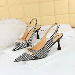 Sandals ZOOKERLIN High Heels Women Shoes Plaid Fabric Party Ladies Pointed Buckle Pearl Metal Chain Women's Pumps Stiletto Summer