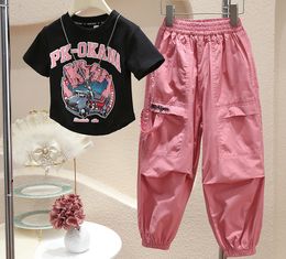 2024 Summer big girls letter printed T-shirt old kids short sleeve high waist tees fashion teenagers loose cargo pants Z6139