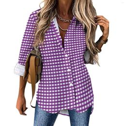 Women's Blouses Purple Gingham Blouse Women Checked Print Korean Fashion Loose Spring Long Sleeve Trendy Shirt Custom Clothes Large Size