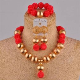 Earrings & Necklace Red Fashion African Handmade Beaded Nigeria Wedding Jewelry Set Imitation Pearl Female Earring Bracelet XX-29212G