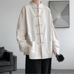 Ethnic Clothing Traditional Chinese Men's Cotton Linen Shirt Solid Colour Casual Vintage Jacket Oriental Tang Coat Top