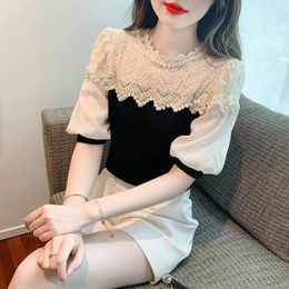 Women's Blouses 2033 Elegant French Office Ladies Chiffon Shirt Patchwork Lace Spliced Nail Bead Puff Half Sleeves Outerwear Tops Oversized