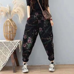 Jeans 2021 New Arrival Spring Women Arts Style Casual Elastic Waist Harem Pants Vintga Print Cotton Denim Anklelength Jeans W328