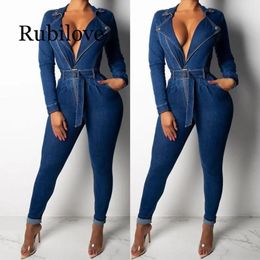 Rompers Women's Jumpsuits & Rompers 2021 Denim Jumpsuit Women Long Sleeve Front Zipper Jeans With Sashes Plus Size Belted Streetwear Overa