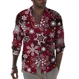 Men's Casual Shirts White Snowflake Shirt Spring Christmas Print Men Novelty Blouses Long Sleeve Graphic Funny Clothing Large Size