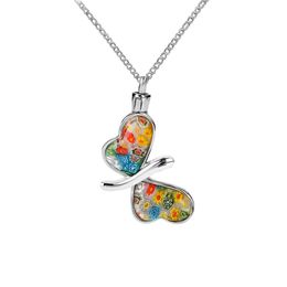 Cremation Jewelry Glass Rainbow Flower Butterfly Urn Pendan Memorial Keepsake Ashes Necklace Stainless Steel With Gift Bag and Fun2106