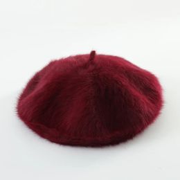 Stingy Brim Hats Winter Rabbit Fur Beret Hats For Women French Painter Hat Girls Solid Colour Soft Berets Lady Fashion Flat Wool Berets Wholesale 231216