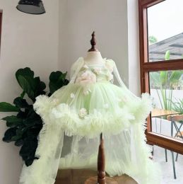 Classy Long Flower Girl Dresses Spaghetti Straps Tulle Sleeveless with 3D Flowers Ball Gown Custom Made for Wedding Party