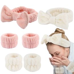 Makeup Headbands Fluffy Bow Tie Headband Microfiber Face Headband Wrist Spa Wash Band Absorbent Wristbands for Washing Face Skin Care