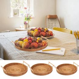 Plates Hand Woven Rattan Serving Tray Decorative Round Storage Plate With Handles Rustic Breakfast Fruit Snack Coffee Tea