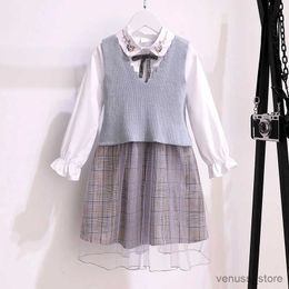 Girl's Dresses Cute Baby Girls Clothes for Kids Sets Spring Autumn Long Sleeve Dress Knitted Vest 2 Pieces Children Clothing Suits Vestidos