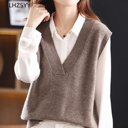 Women's Vests LHZSYY Autumn 100Pure Wool Knit Waistcoat Women VNeck Pullovers Large Size Sleeveless Sweater Loose Vest Blouse Base Shirt 231218