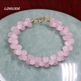 Bangle High Quality Natural Stone Pink Crystal Ross Quartz Women Jewellery Bangle Goldcolor Gemstone Handmade Jewellery Party Gift 11*5mm