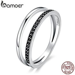 Genuine 925 Sterling Silver Ring Double Circle Black Clear CZ Stackable Finger Ring for Women Fine Silver Jewelry Gift SCR082 2011298P