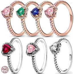 Cluster Rings Classic Ring 925 Sterling Silver Colourful Heart Shaped Crystal Diamond Fit Original Design Charm Bracelet DIY Women's Gift